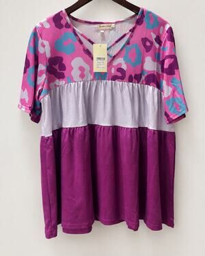 NWT Southern Stitch L Pink Leopard Colorblock Babydoll Tunic Top Crisscross